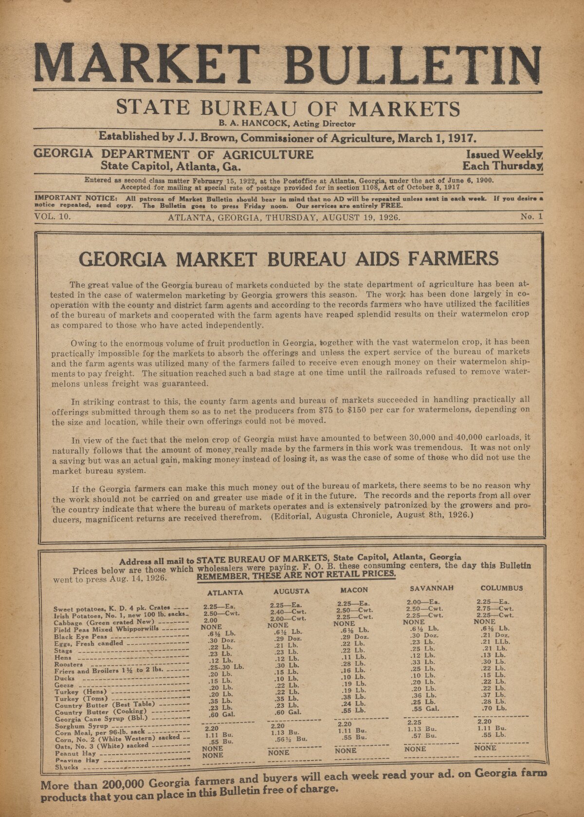 Farmers and consumers market bulletin, 1926 August 19 image picture