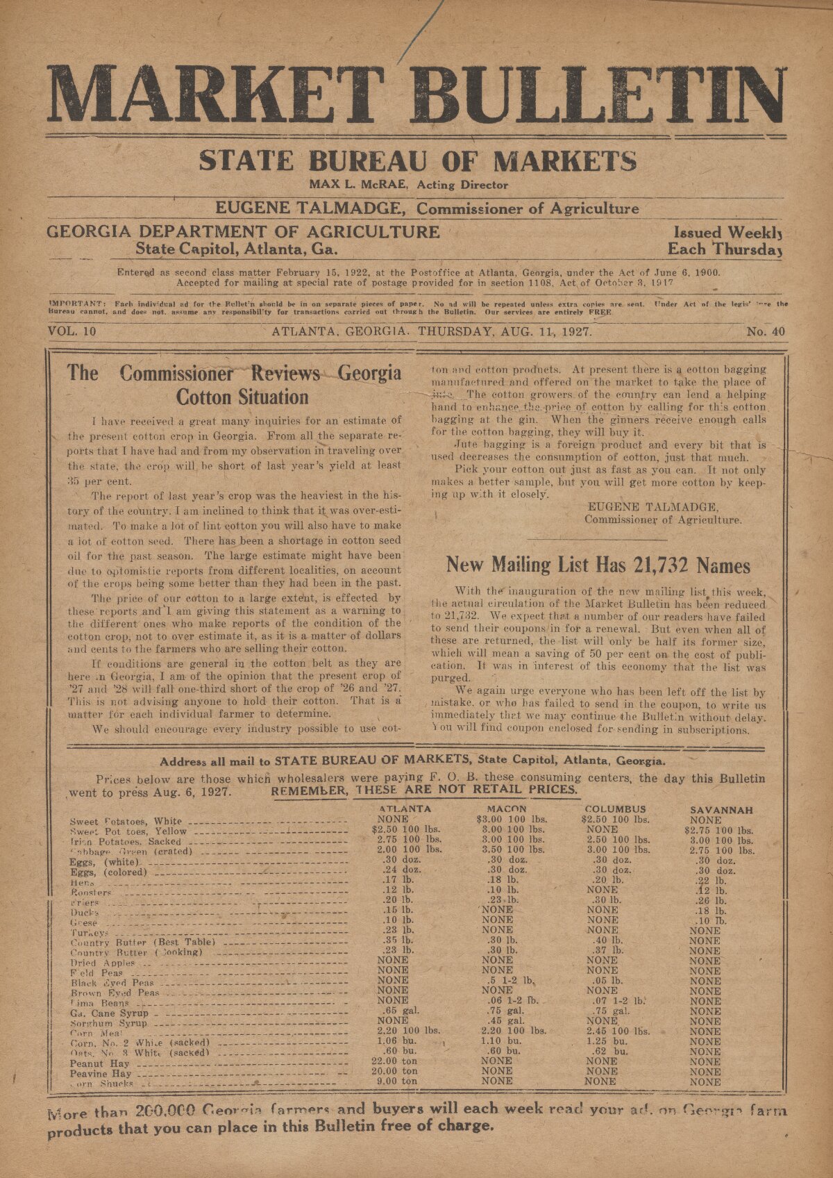 Farmers and consumers market bulletin, 1927 August 11 photo pic
