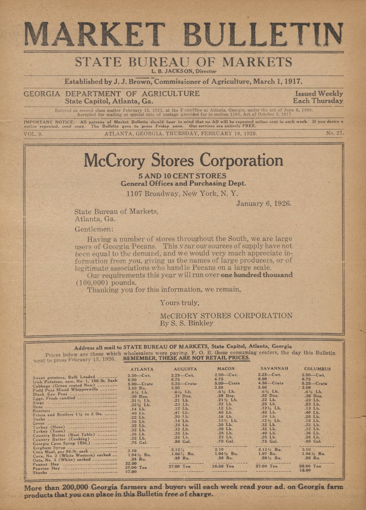 Farmers and consumers market bulletin, 1926 February 18 - Digital Library  of Georgia