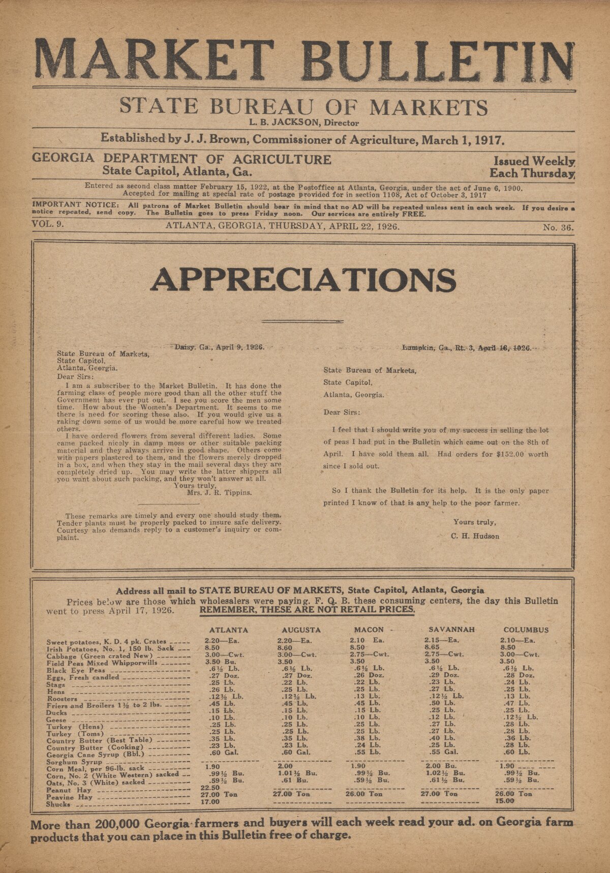Farmers and consumers market bulletin, 1926 April 22