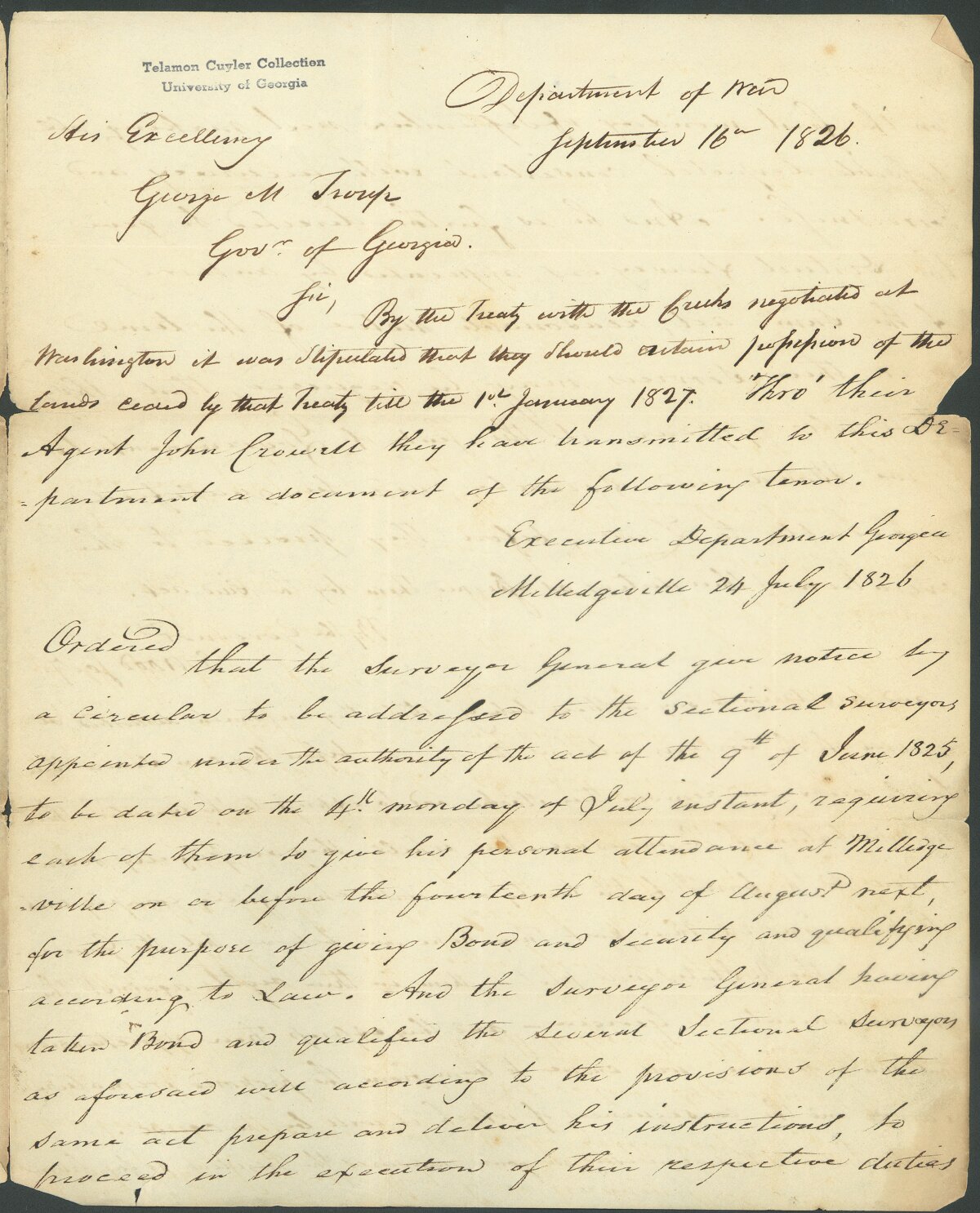 Letter] 1826 Sept. 16, Department of War, [Washington, D.C. to] George M. Troup, Gov[erno]r of Georgia - Digital Library of Georgia