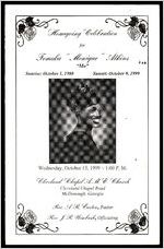Homegoing Celebration for Tomeka "Monique" Atkins "Mo", Sunrise October 1, 1980, Sunset October 9, 1999, Wednesday, October 13, 1999, 1:00 P.M., Cleveland Chapel A.M.E. Church, Cleveland Chapel Road, McDonough, Georgia, Rev. A.R. Easton, Pastor, Rev. J.R. Wimbush, Officiating