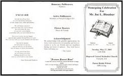 Homegoing Celebration for Mr. Joe L. Bloodser, Sunrise October 26, 1957, Sunset May 22, 2003, Tuesday, May 27, 2003, 2:00 P.M., Hopewell United Methodist Church, Forsyth, GA, Pastor Hulda Wilson, Officiating