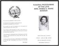 Funeral Programme of the Late Mrs. Mable E. Ware Bonner, Saint Paul A.M.E. Church, Friday -- April 18, 1980 -- 3:30 P.M., Rev. E.S. Mallory, Pastor, "Hutchings' Services"