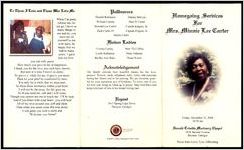 Homegoing Services for Mrs. Minnie Lee Carter, Friday, December 31, 2004, 10:30 am, Donald Trimble Mortuary Chapel, 1876 Second Avenue, Decatur, Georgia, Pastor Elder Leroy Tyus, Officiating