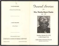 Funeral Services for Mrs. Martha Hayes Cheeks, 1885 - 1979, Sunday, October 28, 1979, 1:30 O'Clock P.M., Little Salem Christian Church, Reidsville, North Carolina