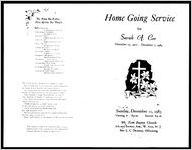 Home Going Service for Sarah A. Coe, December 23, 1922- December 7, 1983, Sunday, December 11, 1983, Viewing 6-8 p.m., Service 8 p.m., Mt. Zion Baptist Church, 6th and Stevens Ave., W. Atco, N.J., Rev. L.C. Deramus, Officiating