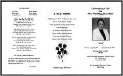 Celebration of Life for Mrs. Pearl Bland Crawford "Muh", Sunrise - July 24, 1916, Sunset - June 20, 2001, Monday, June 25, 2001, 3:00 PM, New Fellowship Missionary Baptist Church, 475 Church Street, Macon, Georgia, Rev. Ronald E. Terry, Sr., Pastor, Officiating