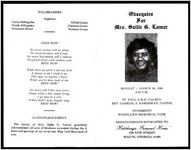 Obsequies for Mrs. Sallie G. Lamar, Monday - March 20, 1989, 3:00 P.M., St. Paul A.M.E. Church, Rev. Gabriel S. Hardeman, Pastor, Interment, Woodlawn Memorial Park, Arrangements Entrusted to: "Hutchings Funeral Home", 536 New Street, Macon, Georgia 31208