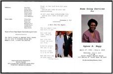 Home Going Services for Agnes B. Mapp, April 17, 1944- July 2, 2015, Wednesday, July 8, 2015, 11:00 AM, Forest Chappel Baptist Church, 5150 Whatley Dr. Forsest Park, GA 30297, The Reverend Kraig Hawkins, Pastor