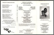 Homegoing Services for our beloved, II Cor. 5:2, Connie and Jackie Marshall, Thursday, May 25, 1989, 11:00 a.m., Malone Memorial Institutional Church of God In Christ, 401 South Ivey Lane, Orlanda, Florida, Bishop Melton L. Sconiers, Pastor, Superintendent Jerry Bailey, Orlando District Superindent, Church of God In Christ, Central Florida Third Jurisdiction, Officiating, Interment: Washington Park Cemetery, Orlando, Florida