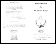 Funeral Services for Mr. Earnest Morgan, Saturday, April 25, 1981, 3:00 P.M., Chapel of Hutchings Funeral Home, Interment Woodlawn Memorial Park, "Hutchings Services"