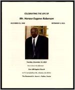 Celebrating the Life of Mr. Horace Eugene Roberson, December 21, 1940 - December 9, 2015, Tuesday, December 15, 2015, One O'Clock in the Afternoon, Zion Hill Baptist Church, 6175 Campbellton Rd., Atlanta, GA 30331, The Reverend Dr. Aaron L. Parker, Pastor