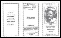 Home Going Service for the late Mrs. Eliza Ware, Saturday, November 11, 1995, 11:00 A.M., Macedonia Missionary Baptist Church, Rev. Willie C. Barnes, Pastor, 412 East Kennedy Boulevard, Orlando, Florida, Elder Richard Butts, Officiating, Interment: Orlando Memorial Gardens, Orlando, Florida, Mitchell's Funeral Home, Directors, 501 Fairvilla Road* Orlando, Florida