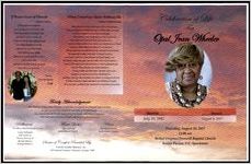 Celebratio of Life For Opal Jean Wheeler, Sunrise July 29, 1942, Sunset August 4, 2017, Thursday, August 10, 2017, 11:00 am, Bethel Original Freewill Baptist Church, Senior Pastor, V.C. Speakman