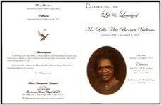 Celebration the Life & Legacy of Ms. Lillie Mae Barnett Williams, October 9, 1913 - December 3, 2013, 11:00 A.M., Saturday, December 7, 2013, Ebenezer Baptist Church, West, 205 North Chase Street, Athens, Georgia 30606, The Reverend Dr. Winfred Hope, Officiating