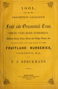 Descriptive catalogue of fruit and ornamental trees, shrubs, vines, roses, evergreens, bulbous roots, green house and hedge plants, &c. cultivated and for sale at the Fruitland Nurseries, Augusta, GA. by P. J. Berckmans