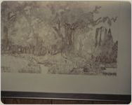 Drawing of Trees in a Forest Made up of Small Circles with a Tall Mountain on the right side in the back