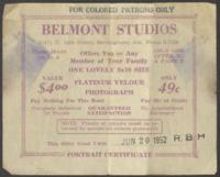 Belmont Studios Portrait Certificate Coupon, circa 1952