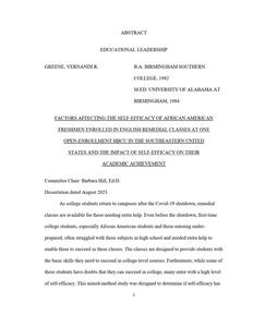 Factors Affecting the Self-Efficacy of African American Freshmen Enrolled in English Remedial Classes at One Open-Enrollment Hbcu in the Southeastern United States and the Impact of Self-Efficacy on Their Academic Achievement