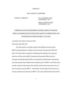 Corporate Social Responsibility During Times of National Crisis: An Examination of Donations Made by Corporations and Foundations to Private HBCUs, 2020-2022