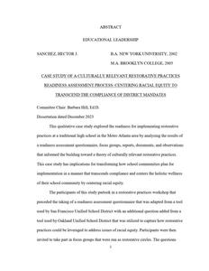 Case Study of a Culturally Relevant Restorative Practices Readiness Assessment Process: Centering Racial Equity to Transcend the Compliance of District Mandates