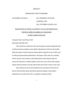 Perceptions of Power, Autonomy, Value and Persistence: Voices of African American Collegiate Women Administrators