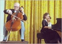 Cellist Mstislav Rostropovich accompanied by pianist daughter Elena presents a concert at the White House attended by the First Lady and Mrs. Begin.