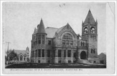 Postcard of Free Library and M.E. Church in Distance, Beaver Dam, Wis.