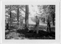 Photograph of men and boys shoveling and raking dirt around a group of trees, Clarkesville, Habersham County, Georgia, 1953