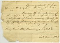 Document, Special Orders, allowing Brigadier General H. L. Benning to return home for 60 days medical leave, May 13, 1864