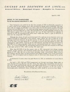 Chicago and Southern Air Lines First Quarter Report 1953