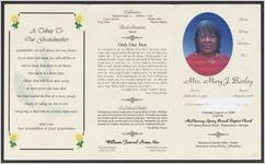 Home going services for Mrs. Mary J. Barley, sunrise, September 27, 1939, sunset, August 4, 2006, Thursday, August 10,2006, 2:00 p.m., McElmurray Spring Branch Baptist Church, 677 Spring Branch Road, Waynesboro, Georgia, Reverend Charles Utley, pastor, Reverend Jimmy Barley, officiating