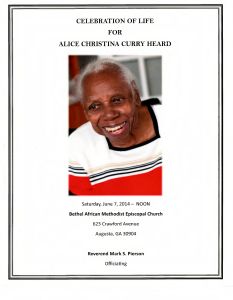 Celebration of Life for Alice Christina Curry Heard, Saturday, June 7, 2014 - Noon.