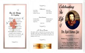 Celebrating the Life of Mrs. Ruth Holmes Lake, Wednesday, November 26, 2014, 12:00 P. M. Valley Fair Baptist Church, Graniteville, South Carolina. Reverend Troy Nipper, Pastor. Brother Booker T. Holmes, Officiating.