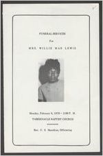 Funeral services for Mrs. Willie Mae Lewis, Monday, February 6, 1978, 2:00 p.m., Tabernacle Baptist Church, [Augusta, Georgia], Rev. C. S. Hamilton, officiating