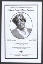 Celebrating the life of an angel Sister Essie Mae Seabrook, sunrise, January 12, 1930, sunset, May 7, 2012, Thursday, May 10, 2012, Tabernacle Baptist Church, Augusta, Georgia, Reverend Dr. Charles E. Goodman, pastor, presiding & officiating