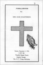 Funeral services for Mrs. Susie Sharperson, Sunday, September 5, 1976, 1:30 p.m., Thankful Baptist Church, Augusta, Georgia, Rev. N.T. Young, officiating