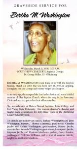 Graveside Service for Bertha M. Washington, Wednesday, March 11, 2019 - 11:00 A. M. Southview Cemetery, Augusta, Georgia. Dr. George Miller, III - Officiating
