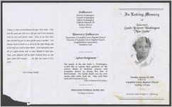 In loving memory of Deaconess Sadie Leverett Washington, "Miss Sadie," Tuesday, January 13, 1998, 1:30 p.m., Lampkin Grove Baptist Church, Appling, Georgia, Reverend Charlie Wright, Jr., officiating