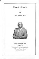 Funeral services for Mr. Zeno Way, Friday, February 20, 1976, 4:00 p.m., Thankful Baptist Church, Third and Walker Streets, Augusta, Georgia