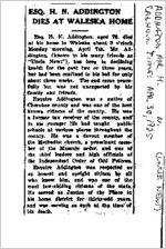 Newspaper clipping about H. N. (Uncle Newt) Addington published April 30, 1925