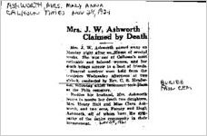 Newspaper clipping about Mary Anna Ashworth published November 24, 1921