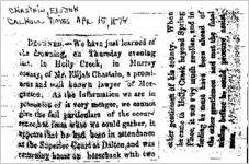 Newspaper clipping about Elijah Chastain published April 15, 1874