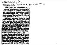 Newspaper clipping about Dr. Cornelius published March 10, 1832