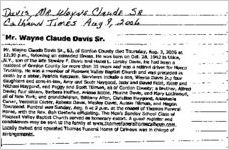 Newspaper clipping about Wayne Claude Davis published August 9, 2006