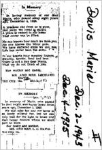 Newspaper clipping about Marie Davis published December 2 / December 4, 1935 / 1943