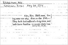 Newspaper clipping about the Eddleman family published May 20, 1874