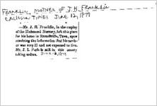 Newspaper clipping about the mother of J.H. Franklin published June 12, 1879