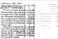 Newspaper clipping about Rev. John Gambold published April 24, 1828